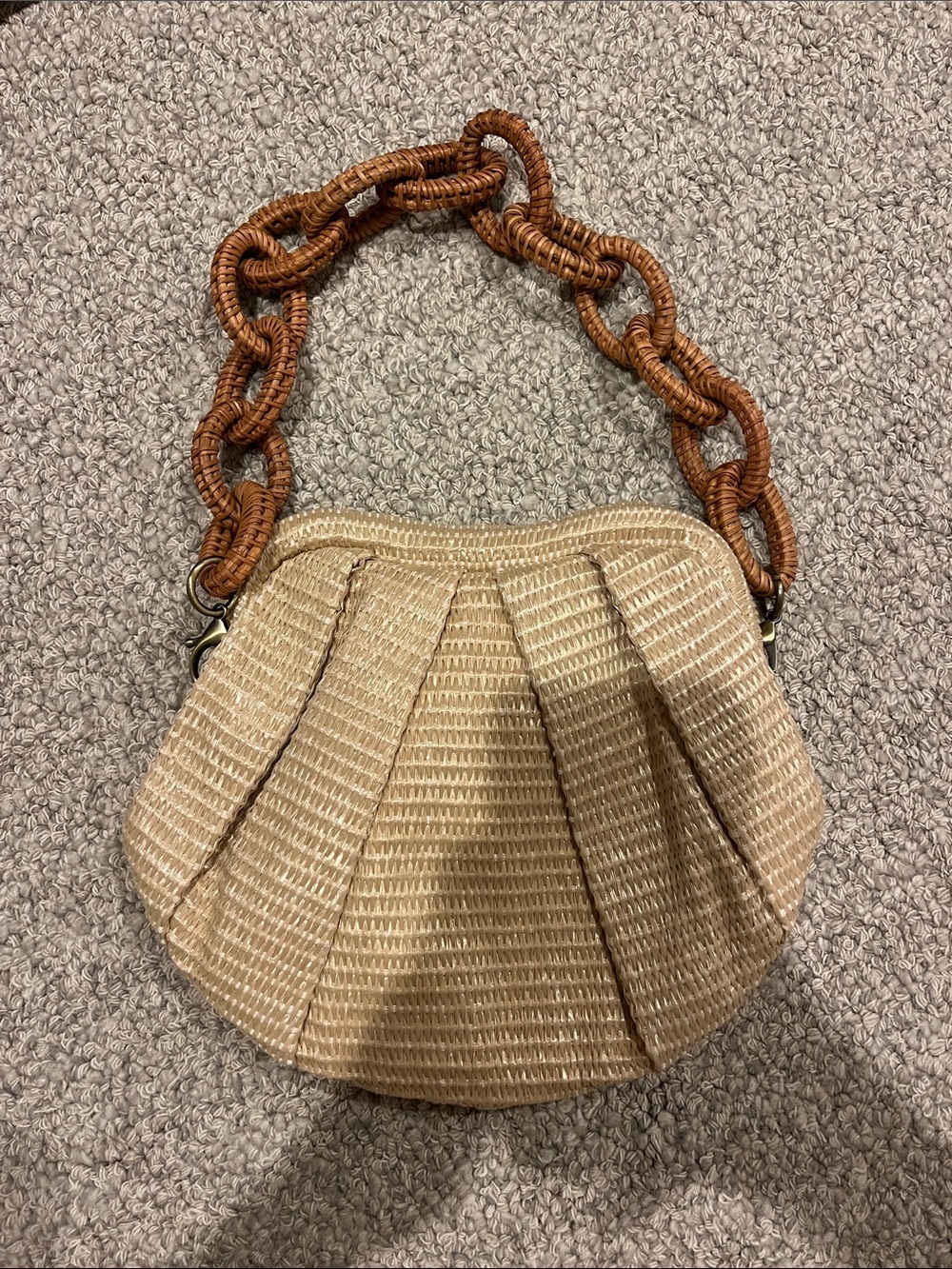 Beige Woven Shell Shoulder Bag with Brown Chain Handle